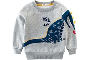 POPSHION Toddler Boys Sweatshirts Dinosaur Long Sleeve Pullover Crewneck Shirts Cartoon Tee Sport Tops for Kids 1-8T