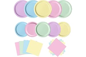 Oigco 60 PCS Pastel Paper Plates and Napkins, Pastel Party Decorations, Rainbow Paper Plates for Colorful Birthday Baby Shower Wedding