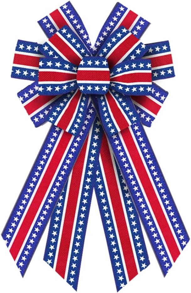 Bows & Ribbons - Large Patriotic Wreath Bows, Patriotic Bows for Wreath Veterans Day Burlap Stripes Bows for Front Door, Red Blue White Stripe Patriotic Tree Topper Bow for Labor Day Indoor Outdoor Decoration