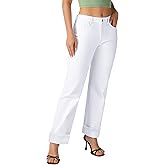 roswear Women’s Straight Leg Jeans High Waisted Boyfriend Stretchy Cuffed Denim Pants