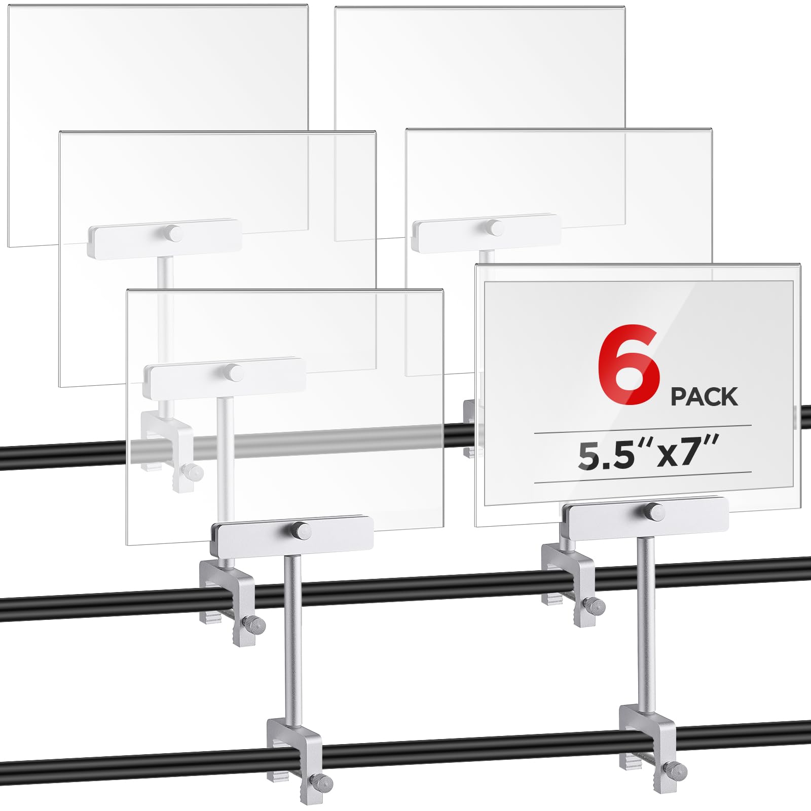 Photo 1 of FoldTier 6 Set 5.5 x 7 Inch Aluminum Alloy Retail Sign Holder with Clamp Acrylic Frame Clothing Rack Clip on Sign Holder for Retail Stores Price Card Display(Silver)