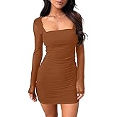 oten Women Mesh Long Sleeve Square Neck Mini Dress Sexy Ruched Bodycon Cocktail Club Party Short Dresses