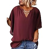 Eytino Womens Plus Size Tops Loose V Neck Bell Short Sleeve Casual Chiffon Blouses Pleated Flowy Shirts(1X-5X)