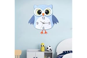 AMOTOFO Funny Cartoon Owl Wall Clock, Animated Face, Kids Bedroom Decor, White(15.5in*14.9inch)
