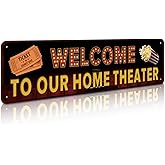 SOYAVE Movie Theater Sign, Vintage Wall Decor for Bar, Cafes Pubs, Media Room, 4x16 Inches Aluminum Metal Sign (Welcome to Our Home Theater)