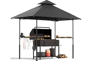 FUNG YARD 8x5 Grill Gazebo - Outdoor BBQ Canopy Shelter Party Tent with Double Tiered Vented Top and 2 Side Shelves for Patio Backyard Grilling Barbecue Picnic, Black