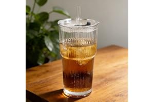 20 oz Ribbed Glass Tumblers, Reusable Glass Cups with Lids and Glass Straws, Iced Coffee Cups, Ideal for Water, Smoothie, Mil