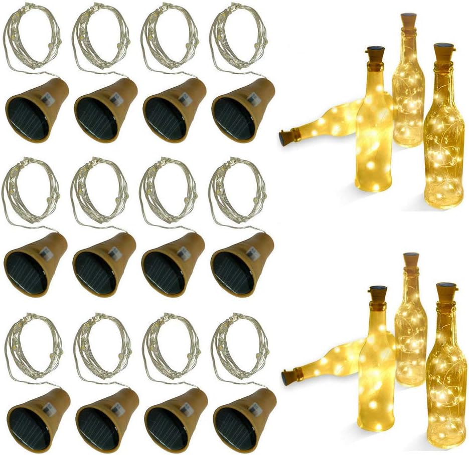 Fjiangyi 12pcs Cork Bottle Lights Solar Powered 39 Inch 10 LED String Wine Cork Fairy Lights for Christmas, Wedding, Dance, Halloween, Party, Festival - Green Plant,Patio Pathway Decor (Warm White)