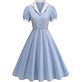 ODIZLI Women's 1950s Retro Dress Short Puff Sleeve Midi Dress Rockabilly Dress Cocktail Dresses