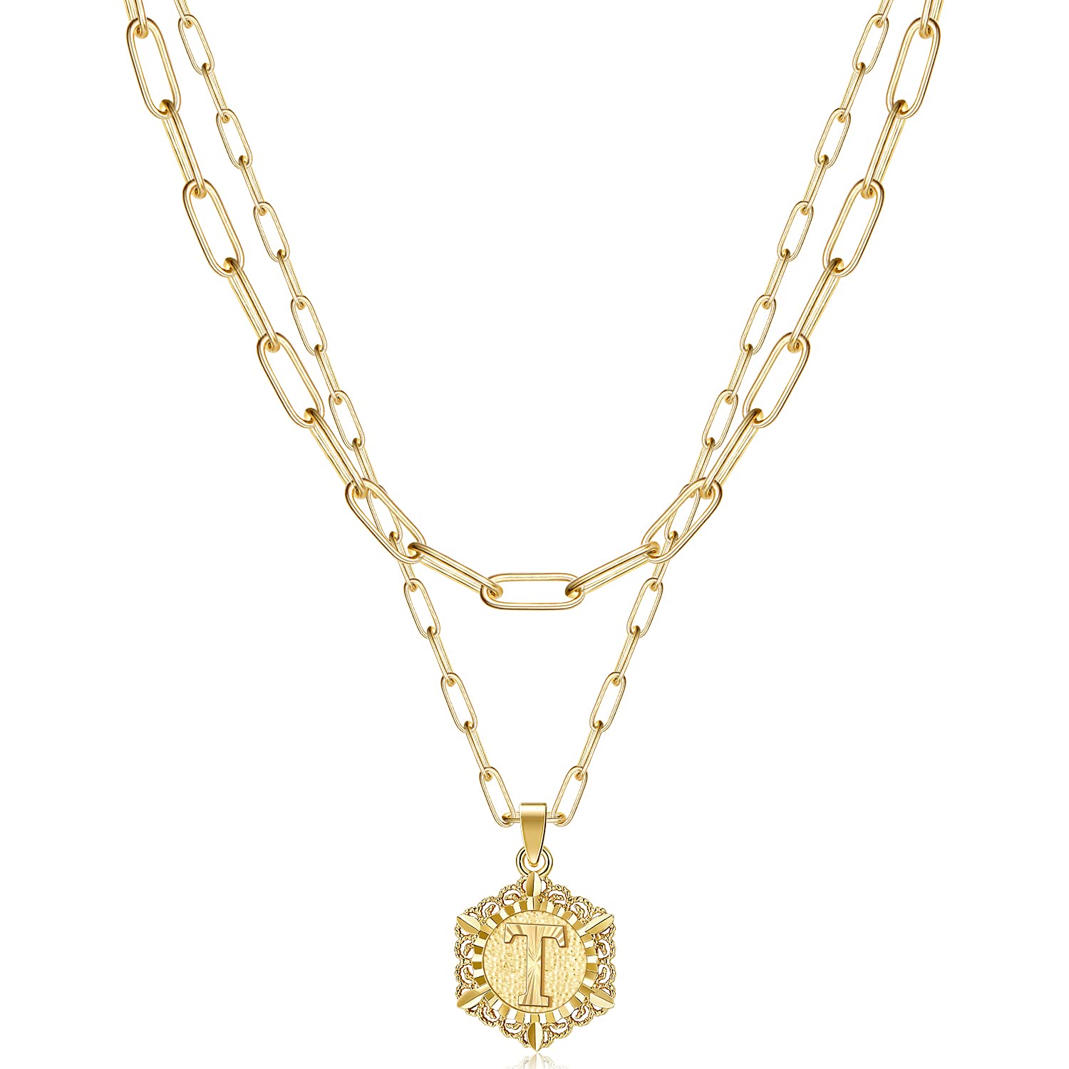 KissYan Initial Necklaces for Women, 14K Gold Plated Hexagon Letter Pendant Silver Chain Dainty Layered White Gold Paperclip Link Adjustable Capital A-Z Choker Necklace Trendy Jewelry Gifts