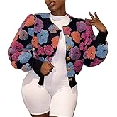 HOULENGS Women's Cropped Floral Print Fleece Bomber Jacket Casual Puff Sleeve Button Down Coats Winter Warm Outerwears