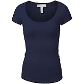 Active Basic Womens Plain Basic Deep Scoop Neck with Cap Short Sleeves, Navy, Large
