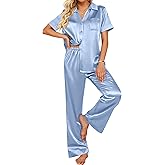 Ekouaer Silk Pajamas for Womens Set 2 Piece Satin Pjs Soft Button Down Sleepwear Wide Leg Long Pants with Pockets