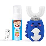 Electric Toothbrush Kids U Shaped with Specialized Foam Toothpaste, Fun Cartoon Dinosaur 360-Degree Cleaning IPX7 Waterproof Design (2-12 Age (Blue))