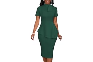 PERZEAL Women's Fashion Peplum Bodycon Short Sleeve Work Dresses Bow Club Ruffle Pencil Formal Cocktail Dress