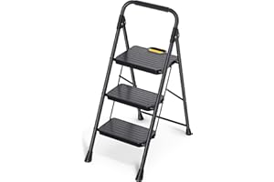 TOOLF 3 Step Ladder, Sturdy Steel Step Stool with Anti-Slip Wide Pedals, Handrail, Safe-Lock Design, Folding Portable Ladder for Multi-Purpose, Home, Kitchen, Pass 800lbs Load Testing, Black
