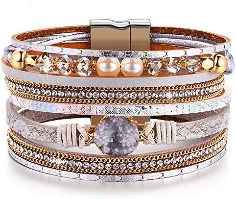 Womens Boho Wrap Leather Multilayer Wide Stone Bracelets Jewelry for Women Teen Girl Boy (Width Resin)