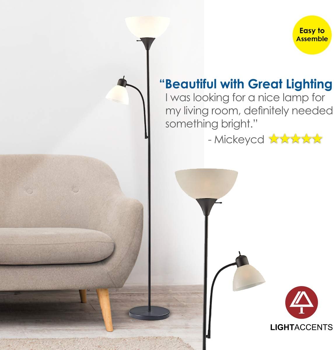 Adjustable Floor Lamp with Reading Light by Light Accents - Susan Modern Standing Lamp for Living Room/Office Lamp 72" Tall - 150-watt with Side Reading Light Corner Lamp (Black) - - 