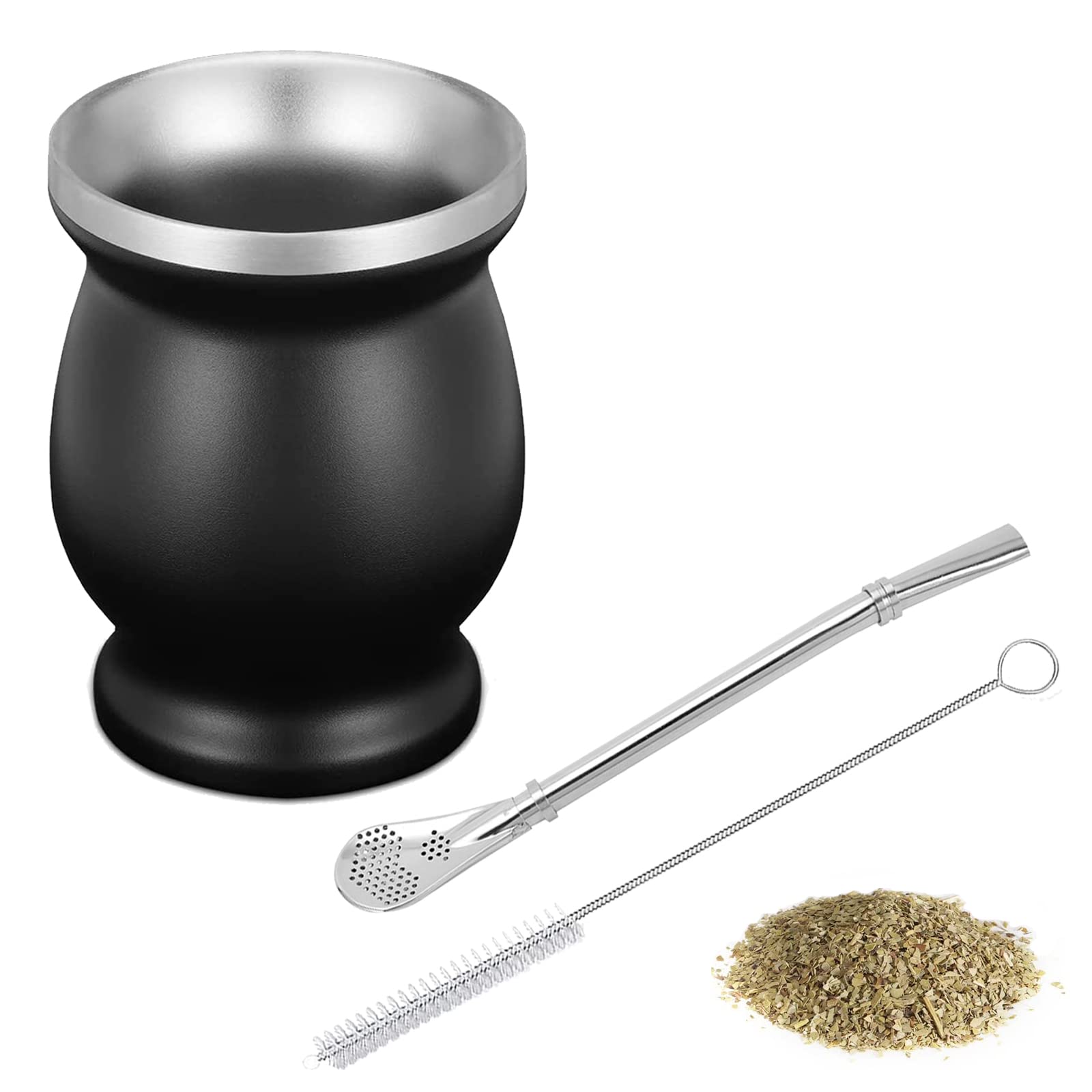 SVUPUE Yerba Mate Cup, Yerba Mate,Double-Wall Yerba Tea Set, Yerba Cup, with Straw Spoon and Cleaning Brush, for Yerba Mate Drink, Coffee, Milk and Juice, Black,8oz