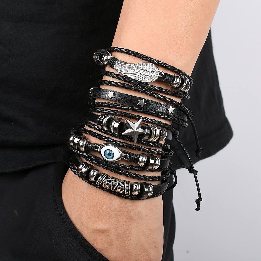 WAINIS 6 Pack Mens Black Leather Bracelets Set for Men Stackable Braided Cuff Bracelet Tribal Punk Rock Handmade Wristband: Jewelry