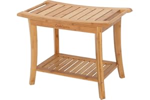 OasisSpace Bamboo Shower Bench, 24" Waterproof Shower Chair with Storage Shelf, Wood Spa Bath Organizer Seat Stool, Perfect for Indoor or Outdoor