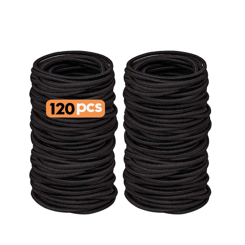 120 PCS Elastic Hair Bands, 2mm Elastic Hair Ties Ponytail Holders, Bulk Hair Ties No Metal Gentle Elastics for Women Men Girls Kids (Black)