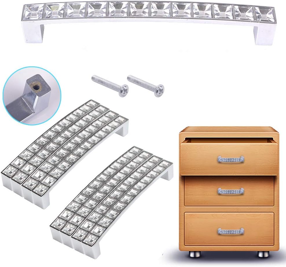 Clear Pull Crystal Rhinestone Door Handle Knobs Furniture Cabinet Crystal Doorknobs, Silver, 8PCS