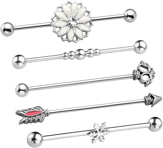 Amazon Co Jp Piercingj 1４g 1 ６mm サージカルステンレス ボディピアス ロング軟骨ピアス ヘリックス ファーストピアス インダストリアル 片耳用 5種類5個セット売り セット1 ジュエリー