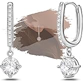 Sterling Silver U Hoop Earrings for Women Trendy Hypoallergenic Sparkle Round Cubic Zirconia U-Shaped Dangle Hoop Earring for Sensitive Ears Lightweight Dangling Loop Earrings Fashion Jewelry Gifts for Her