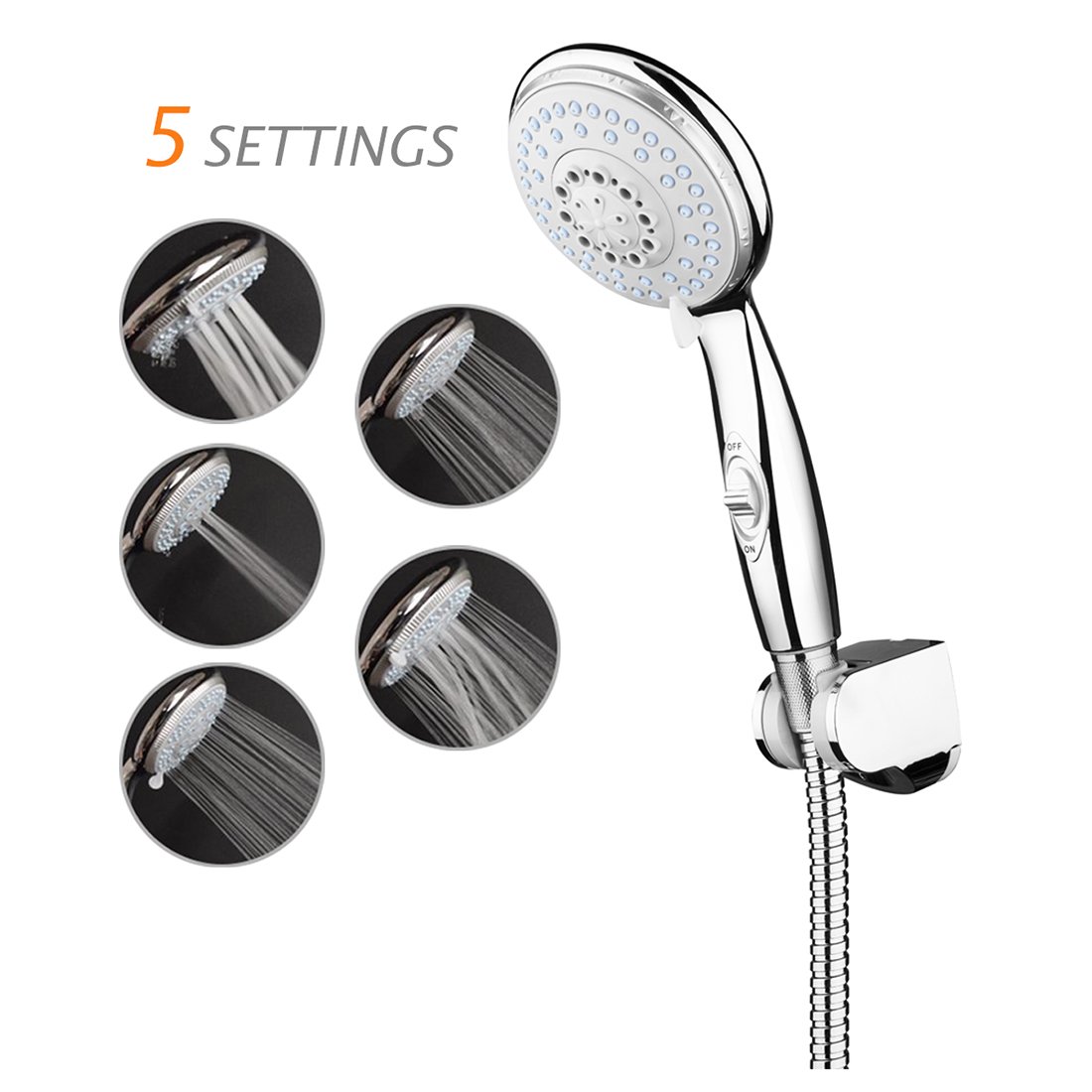 Handheld Shower Head with on off Switch 5 Spray Settings High