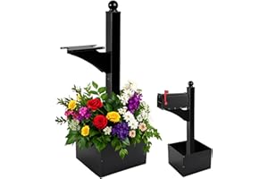 Colingmill 1 Set Iron Mailbox Posts with Planter Box Decorative Mount with Flower Box for Outside 56 Inch Tall Heavy Duty Architectural Post(Black)