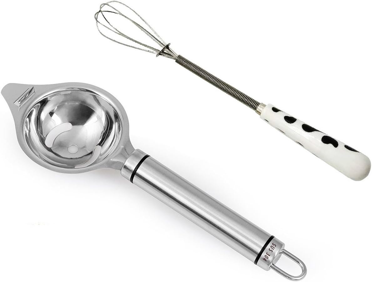 Egg Yolk Separator | Seestar Stainless Steel Egg Separator| 8.7'' Long Egg White Filter| + Small Egg Whisk with Ceramic Handle.(Random Color)