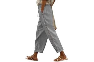 SDOHIG Casual Pants for Women Summer Linen Pants Comfy Relaxed Fit Straight Leg Pant Trendy Stripe Beach Trouser with Pockets