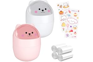 WCHOSOZH Small Desktop Trash Can with Swing Lid Set, 2 Cute Garbage Cans with 120pcs Garbage Bags and 2pcs Stickers, Countertop Kawaii Dustbin Storage Bin for Desk Bedroom(White-Pink)