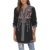 AK Women's Embroidered Tops Mexican Shirt V Neck Summer Casual Tops Peasant Tunic Loose Blouse