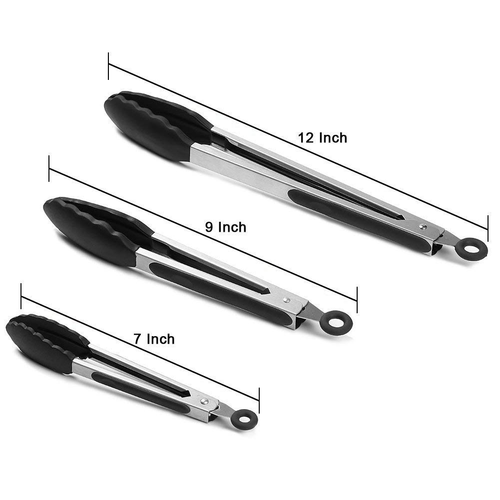 Silicone Food Tongs, Stainless Steel BBQ/Kitchen Tongs with Silicone Tips, Pack of 3-7,9,12 Inch