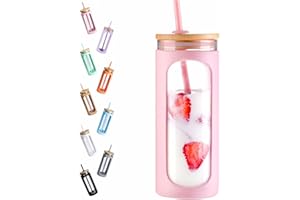 Kodrine 20oz Glass Water Tumble with Straw and Lid,Bamboo Lids Water Bottle, Iced Coffee Cup Reusable, Wide Mouth Smoothie Cups, Straw Silicone Protective Sleeve BPA FREE-Pink