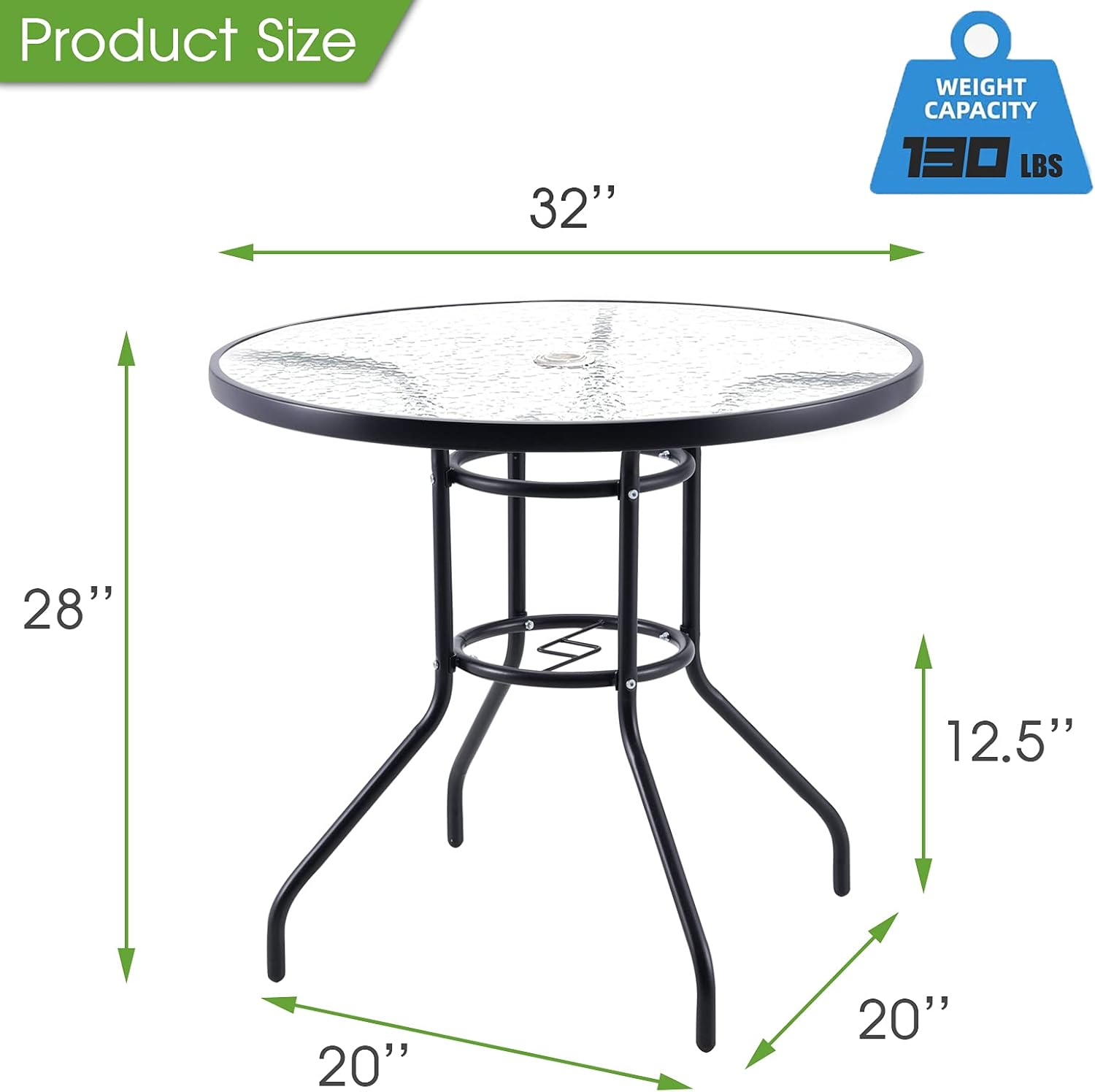 Outdoor Patio Table, 32'' Round Bistro Table with Tempered Glass Table Top and Umbrella Hole Steel Frame Outdoor Furniture Party Conversation Coffee Table for Garden Backyard Balcony Lawn: Kitchen & Dining