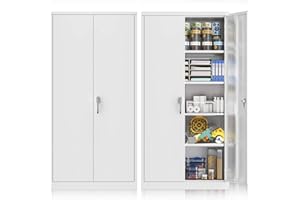 Superday 71" Lockable Steel Storage Cabinet, Locking Metal Storage Cabinets, Tall White Cabinet with 2 Doors and 4 Adjustable Shelves for Garage, Home Office, Classroom, Pantry, File, Easy Assemble