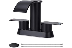 Bietor Waterfall Bathroom Faucets, Matte Black Bathroom Sink Faucet with Pop-up Drain & Supply Hoses, Stainless Steel Lead-Free 2 Handle Faucet for Vanity Sink 2 or 3 Holes