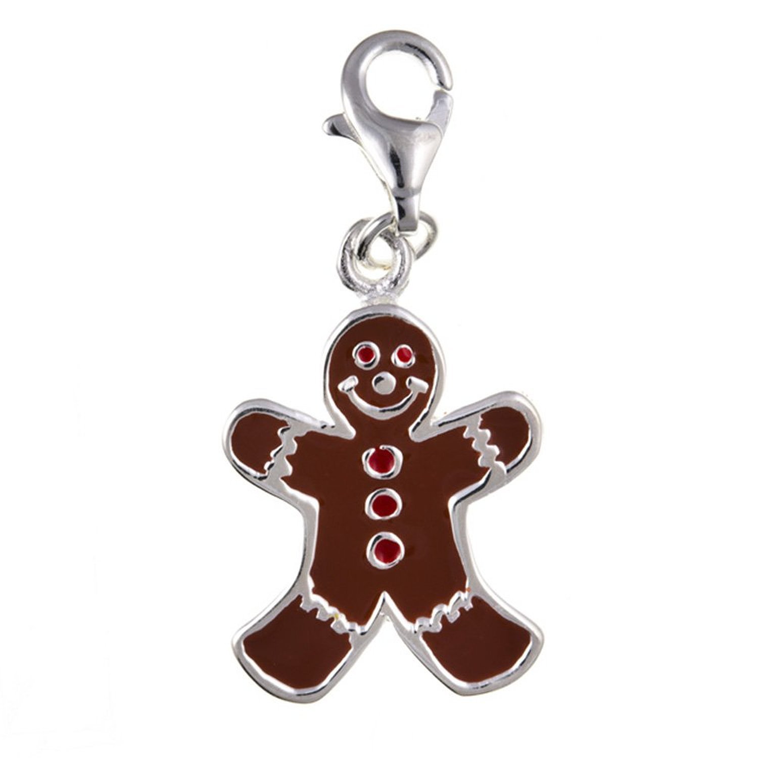 Gingerbread Man Brown Enamel Sterling Silver Clip On Charm Pendant with Lobster Clasp for Women - Compatible with Thomas Sabo Charms Bracelet - Women's Clasp Charms