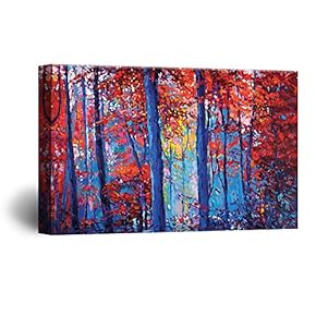 Canvas Wall Art - Abstract Oil Painting Style Blue and Red Compositon Forest - Giclee Print Gallery Wrap Modern Home Art Ready to Hang - 12x18 inches