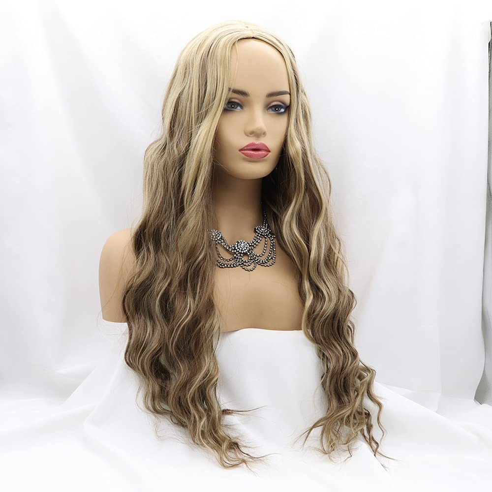 Xiweiya Blonde Brown Wig - Long Wavy Ombre Style with Bangs, Curly Wigs with Dark Roots, Heat Resistant - 24 Inch Daily Cosplay Wig for Women (Brown)