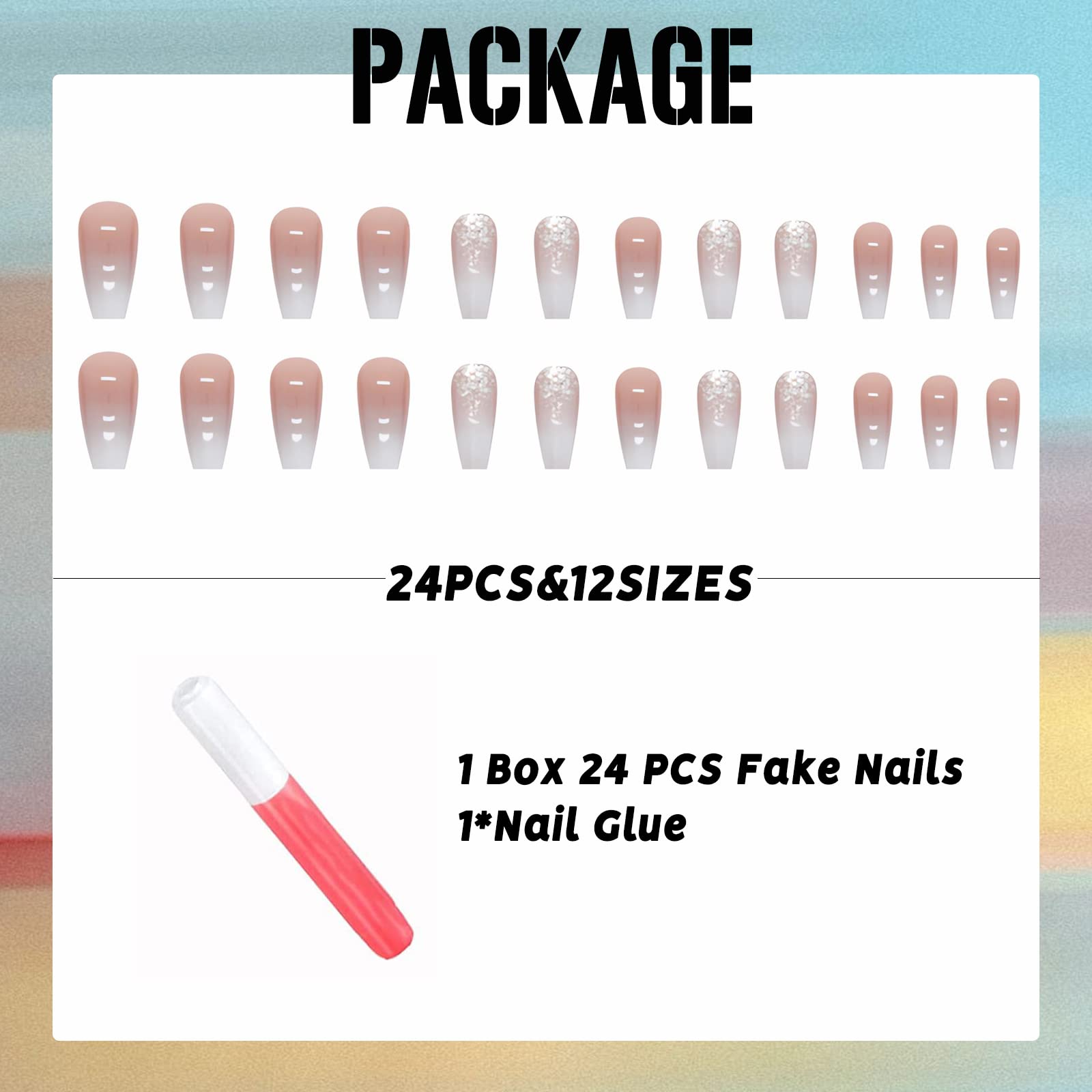 IMSOHOT Long Coffin Press on Nails Pink White Gradient Fake Nails Glitter Ballerina False Nails Glossy Full Cover Acrylic Nails Glue on Nails for Women 24pcs - Image 5