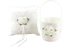 BestAlice Wedding Flower Girl Basket and Ring Bearer Pillows, Rings Bearer Pillow Set Rings Bearer Pillows Satin Fairy Lace F