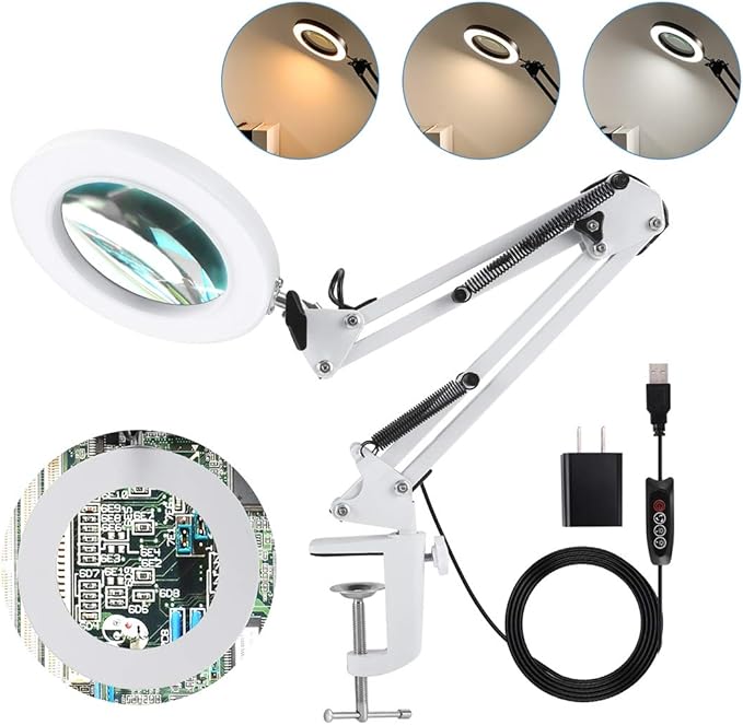 LANCOSC Magnifying Desk Lamp with Clamp, 3 Color Modes
