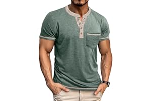 Men's Short Sleeve Henley Shirt Vintage Two Tone Button Up T-Shirt with Chest Pocket Workwear Style Top