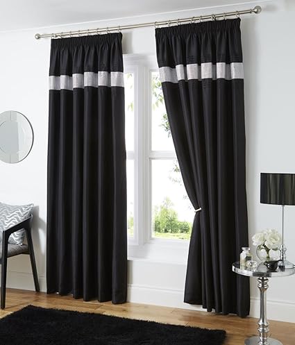 66 X 90 Black Silver Diamante Lined Curtains Pencil Pleat Tape