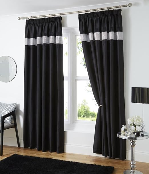 66 x 72" BLACK & SILVER DIAMANTE LINED CURTAINS PENCIL PLEAT TAPE TOP