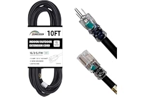 HONDERSON Indoor Outdoor Extension Cord Weatherproof with Lighted End, UL Listed, 16 Gauge 10FT Black 3 Prong Heavy Duty Extension Cord, 16/3 SJTW 13A Power Extension Cord for Outdoor Lights, Lawn